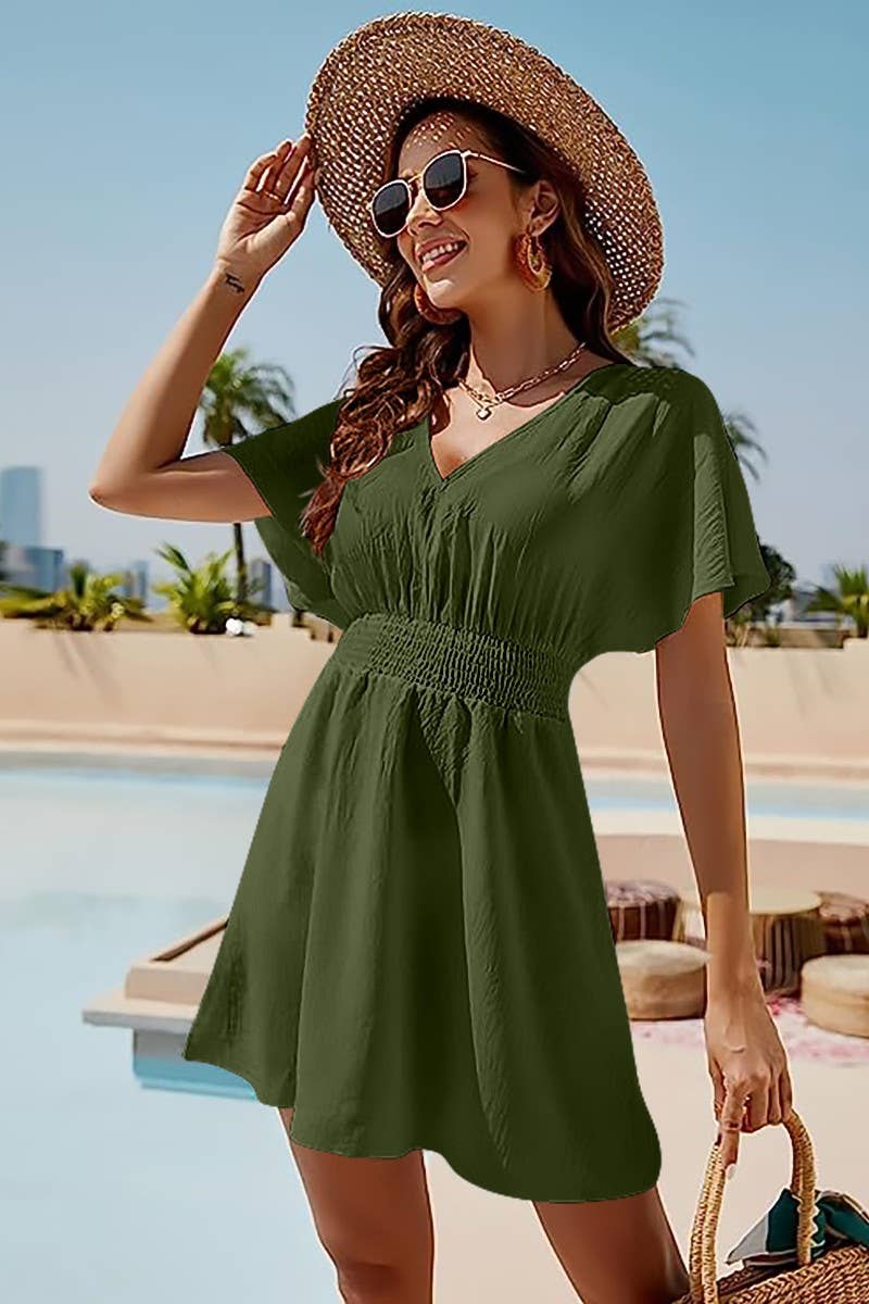 CWDSD3629_CASUAL V-NECK PLEATED SHORT DRESS