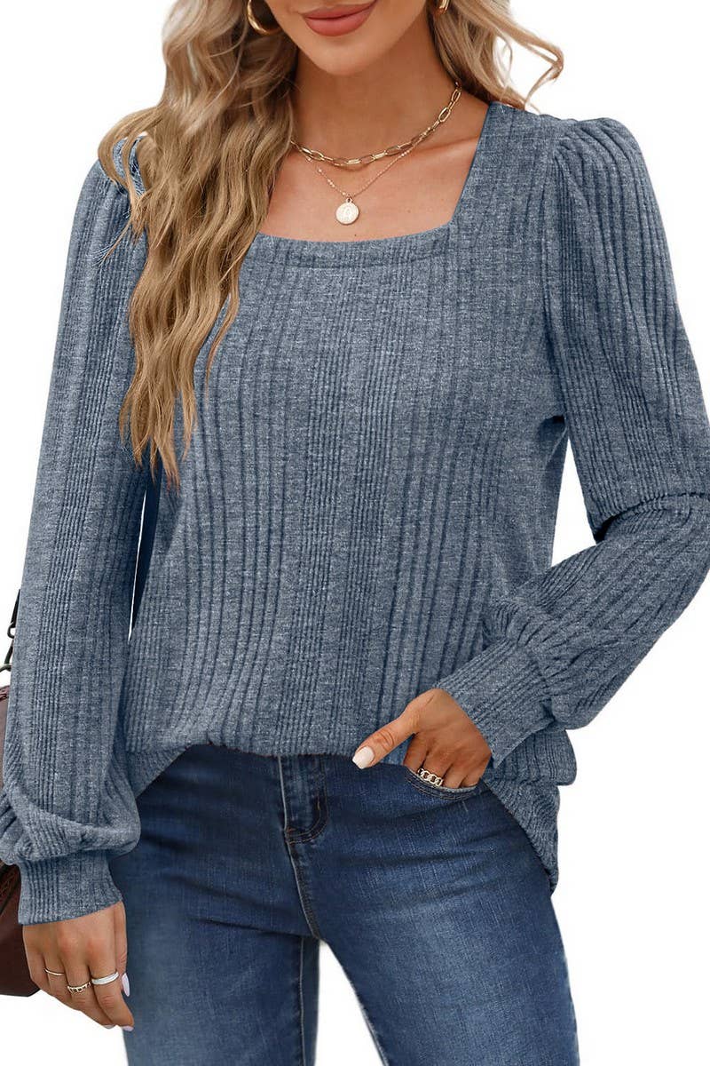 CWTBLL01084_RIBBED SQUARE NECK CASUAL LONG SLEEVE TOP