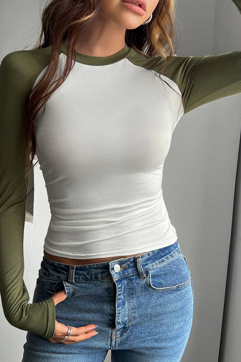 CWTTL2026_SEXY ROUND NECK CONTRAST COLOR LONG SLEEVE T-SHIRT