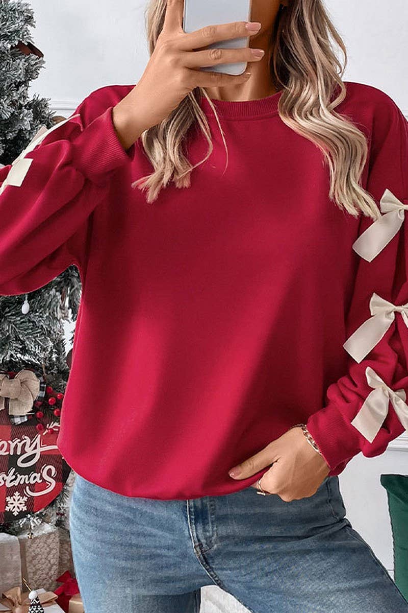 CWTBLL4035_RED BOW CREWNECK CHRISTMAS SWEATSHIRT