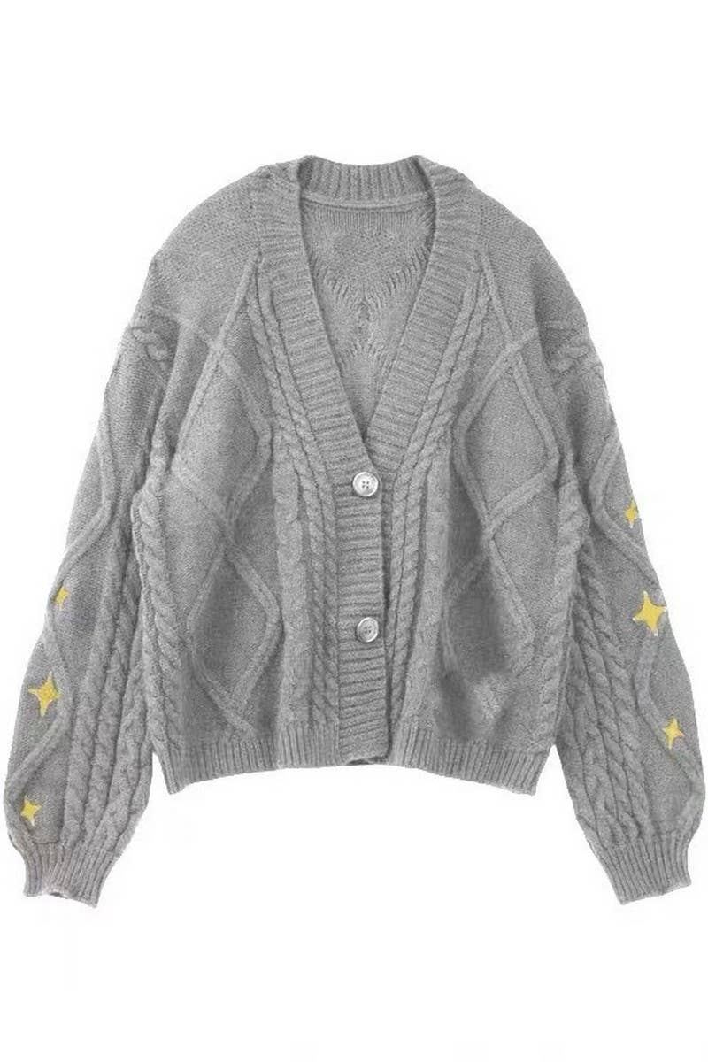 CWOCAL1793_V-NECK STAR EMBROIDERY NEEDLE KNIT CARDIGAN