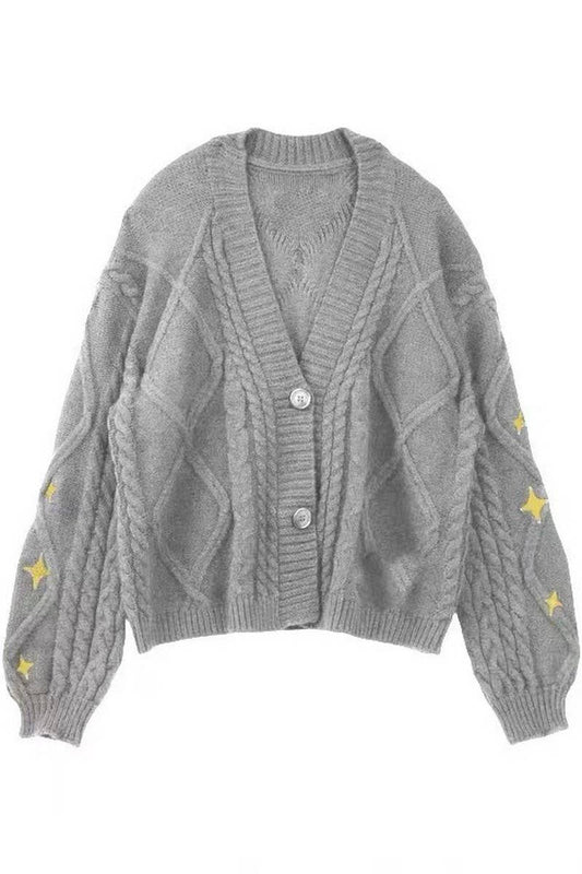 CWOCAL1793_V-NECK STAR EMBROIDERY NEEDLE KNIT CARDIGAN