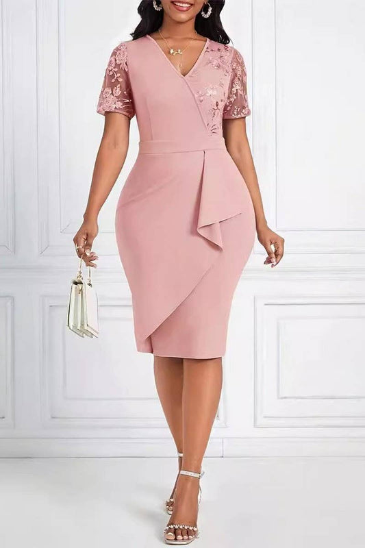 CWDSD7647_ELEGANT RUFFLE STITCHING SLIM FIT HIP DRESS