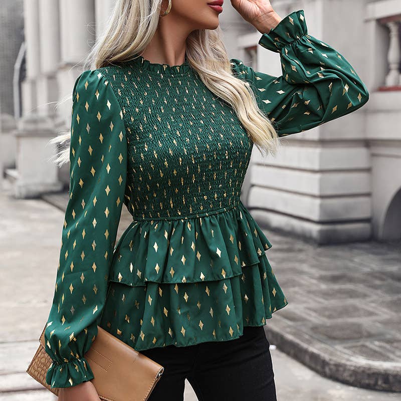 CREW-NECK LONG SLEEVE GOLD PRINT BLOUSE