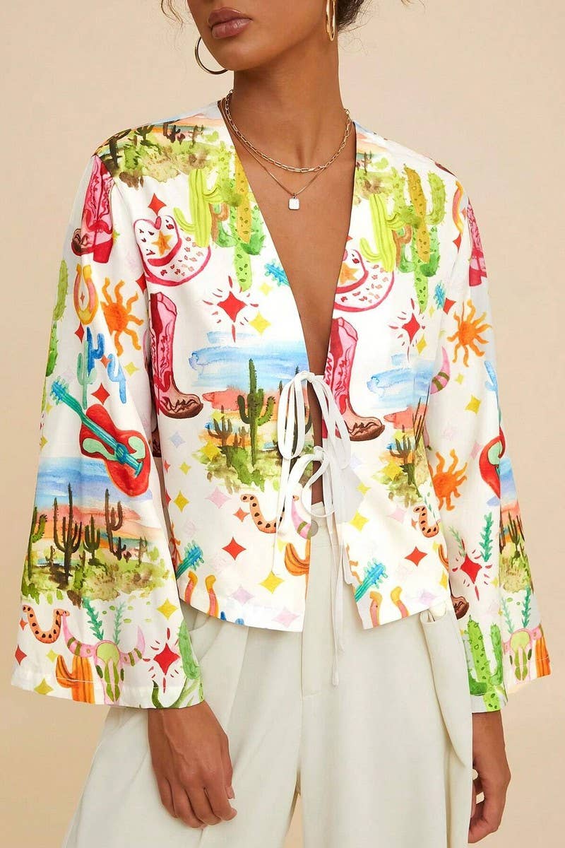 CWTBLL00632_V-NECK PRINTED TRUMPET SLEEVES HOLIDAY STYLE TOP