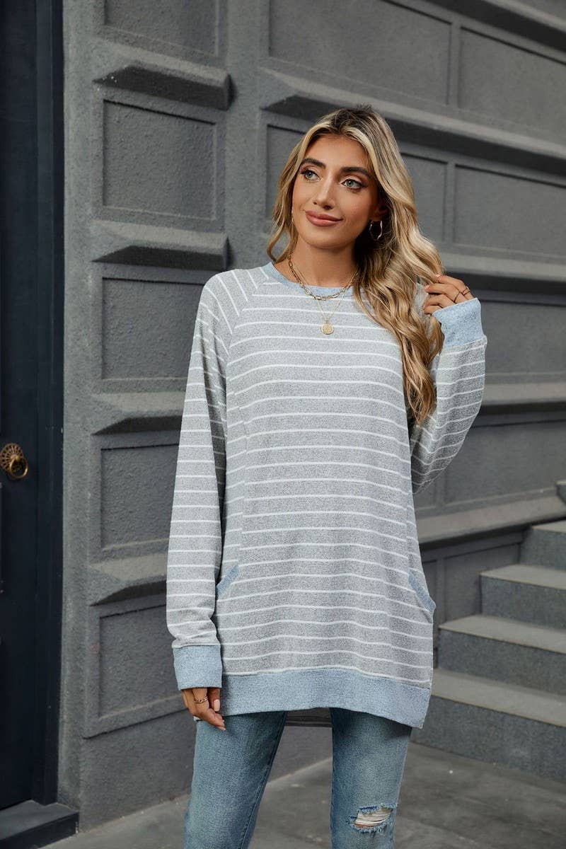 CWTBLL1217_STRIPED CONTRAST POCKET MID-LENGTH SWEATSHIRT