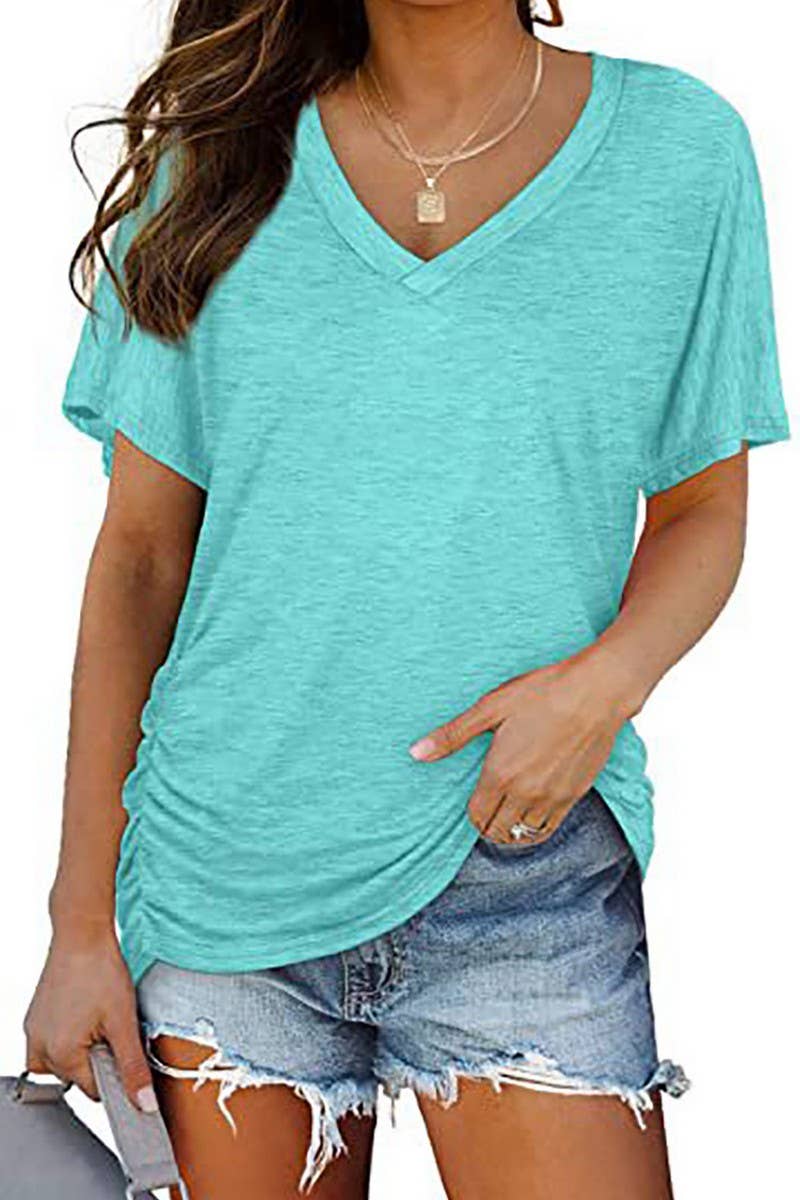 CWTTS1178_V-NECK SOLID COLOR CASUAL LOOSE TOP