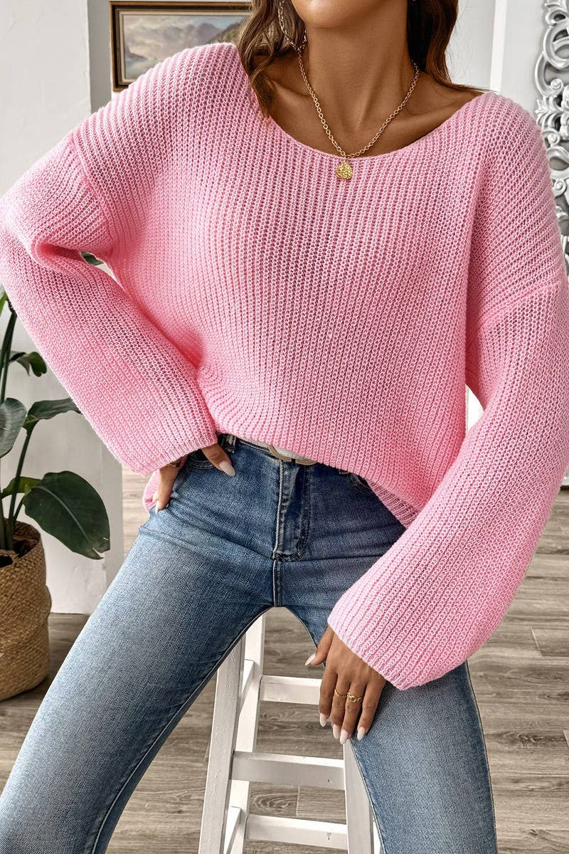 CWOSWL07325_WOMEN OFF-SHOULDER BELL SLEEVE KNIT SWEATER