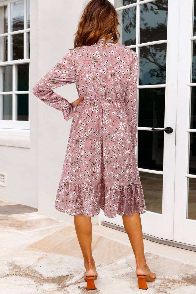 CWDMD6204_FLORAL RUFFLE TRIM FLARE SLEEVE WAIST DRESS