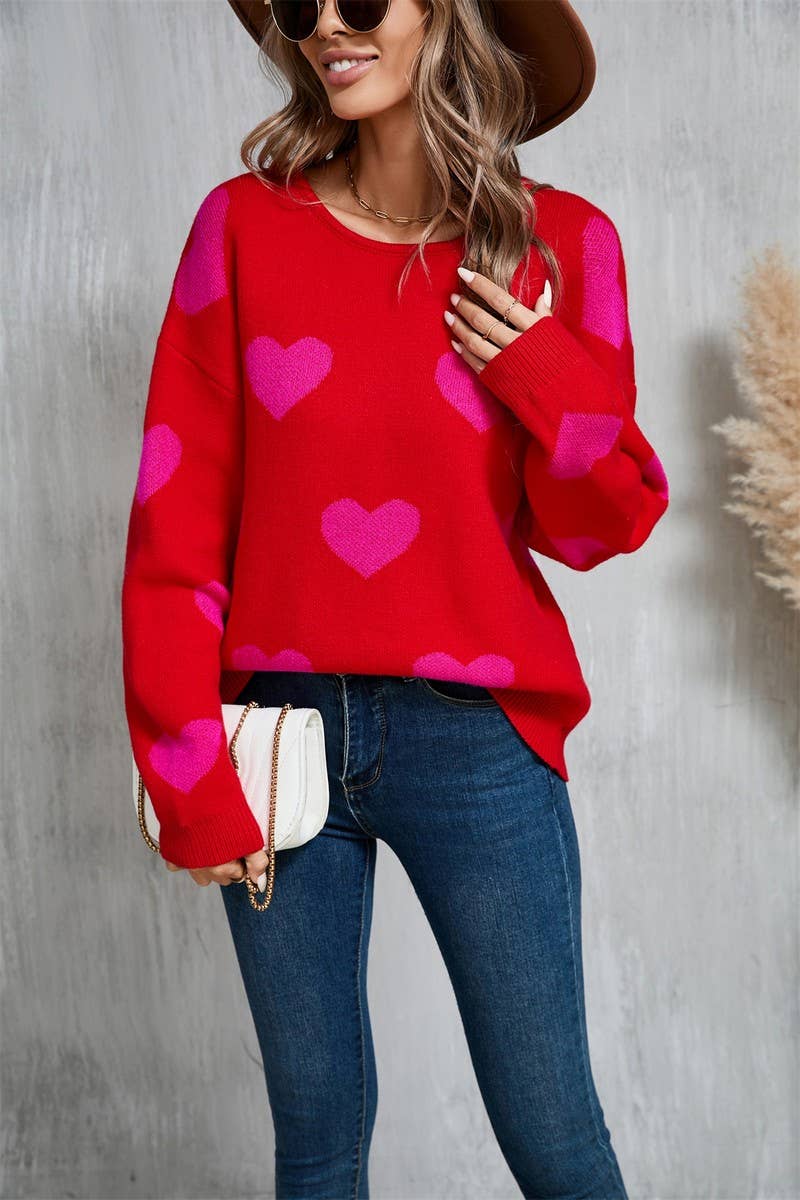 CWOSWL5780_VALENTINE'S DAY ROUND NECK CONTRAST COLOR SWEATER