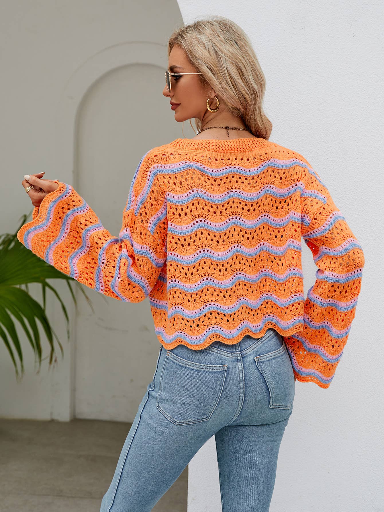 Cut-out short crop knit striped sweater