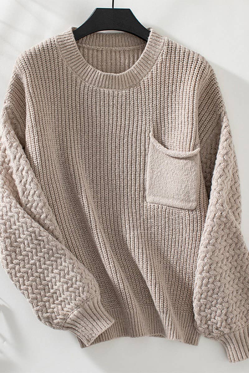 CWOSWL2838_SOLID COLOR POCKET ROUND NECK LONG SLEEVE SWEATER
