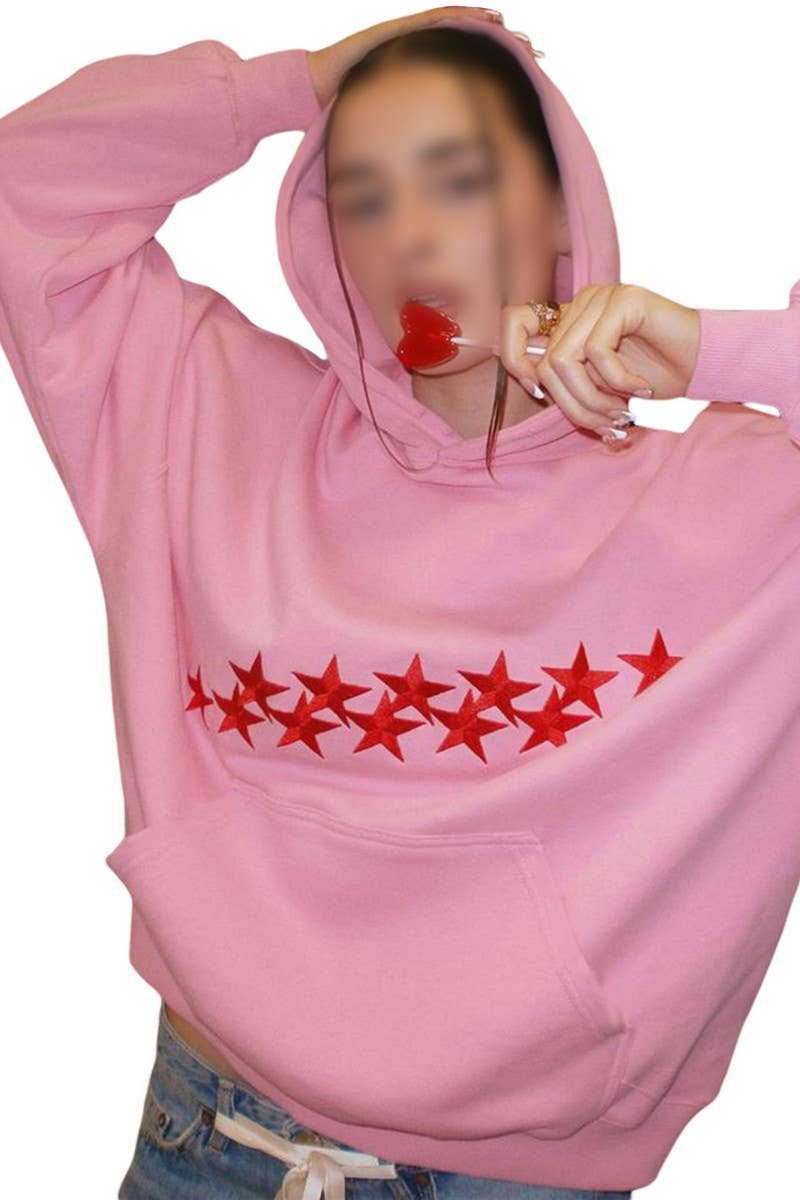 CWOHOL1115_STAR LETTER EMBROIDERED STREETWEAR UNISEX HOODIE