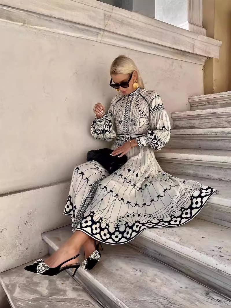 COTTON AND LINEN PRINT RETRO LANTERN SLEEVE DRESS