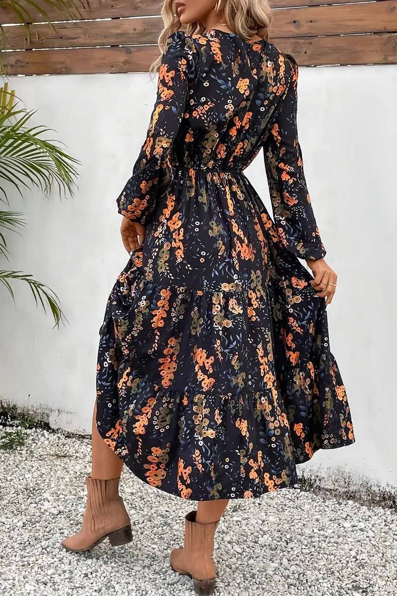 CWDMD6121_FLORAL PRINT CREW NECK LONG SLEEVE DRESS