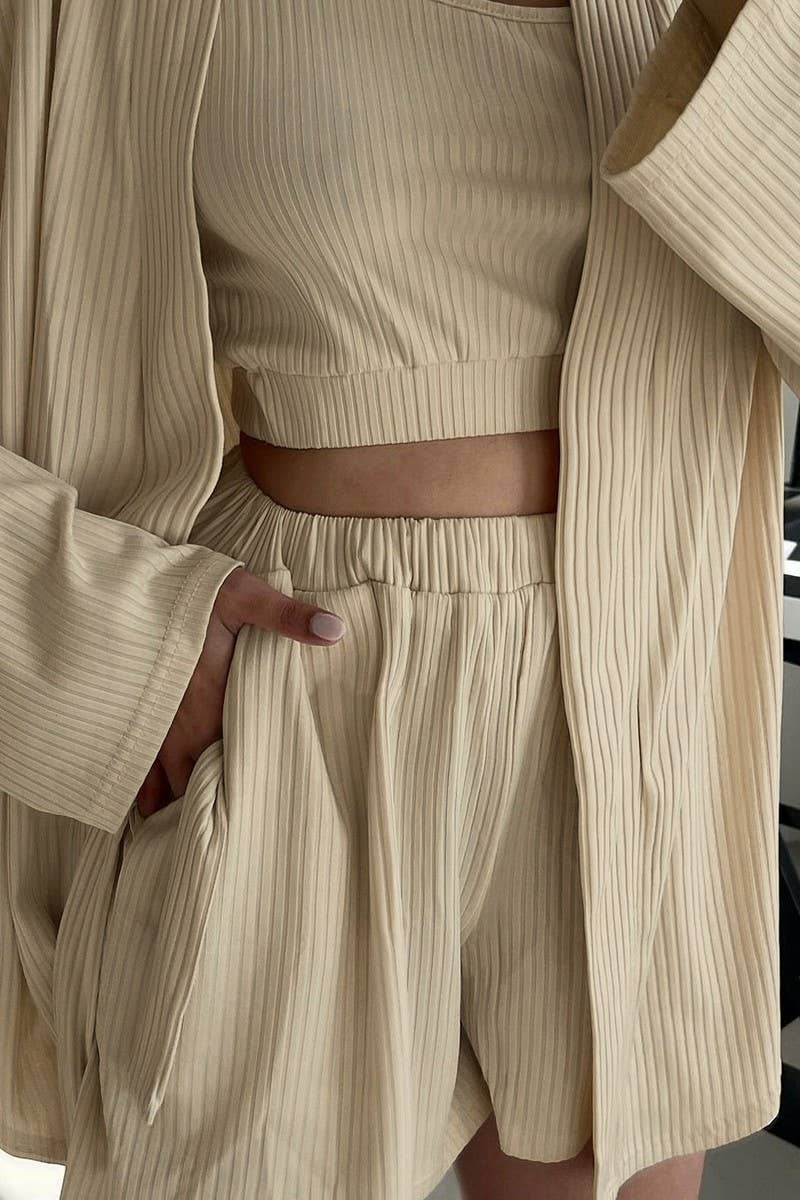 CWSPJ0402_KNITTED LONG SLEEVE SUSPENDER SHORTS PAJAMA SET