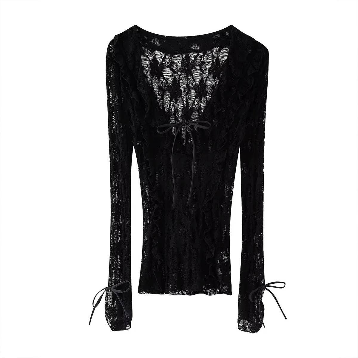 Bow tie V-neck fitted long-sleeved top