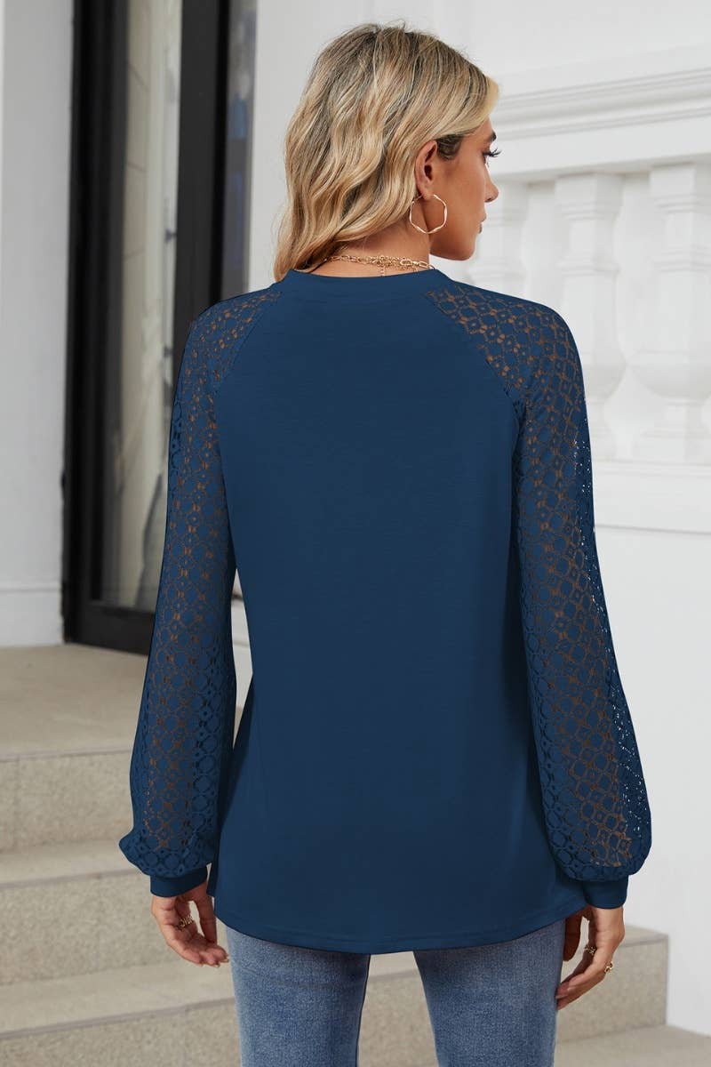 CWTBLL2860_CREW-NECK LACE PATCHWORK LONG-SLEEVED TOP