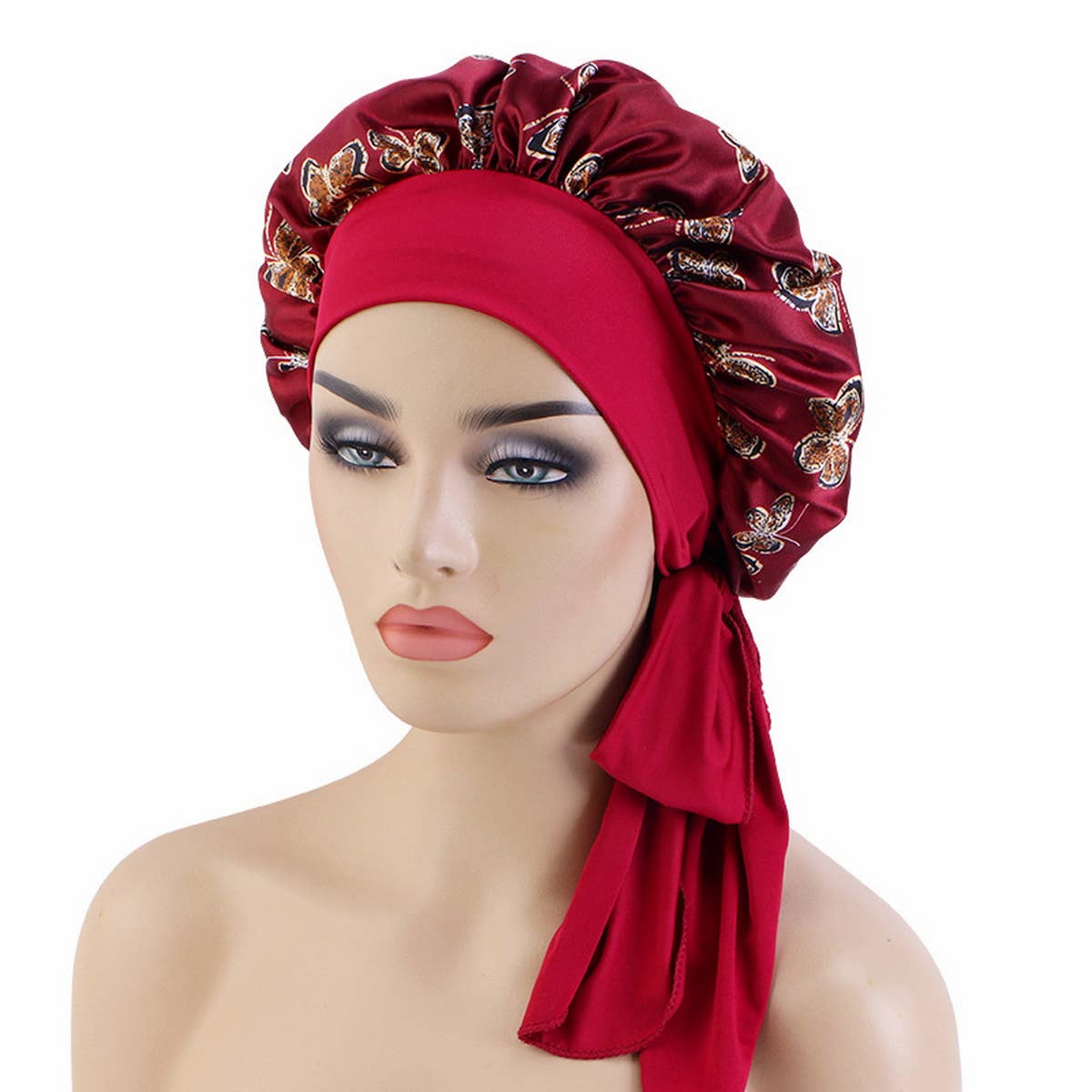 BUTTERFLY PRINT STRETCH NIGHTCAP WITH LONG RIBBON_CWAH1476