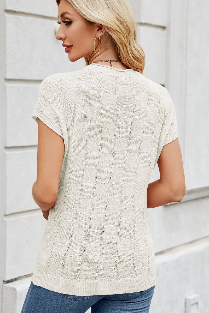 CWTBLS02497_SMALL CHECK CASUAL SHORT SLEEVE KNIT TOP