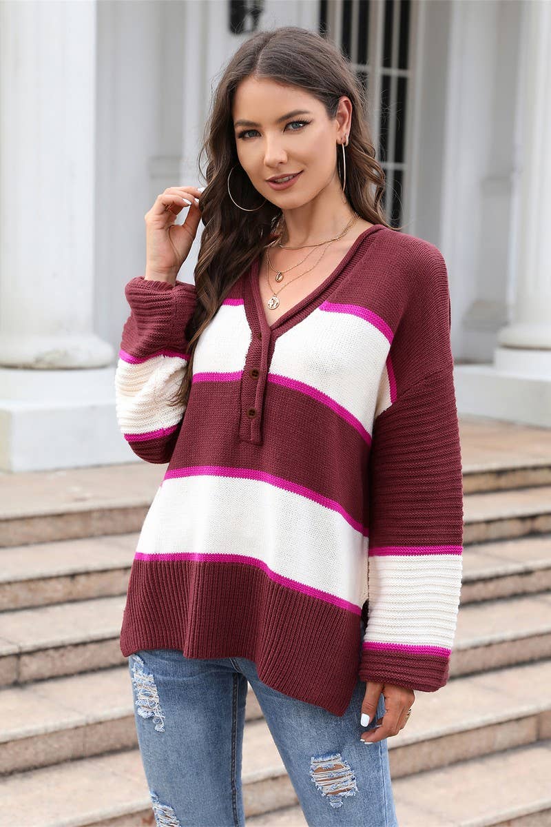 CWOSWL3175_BUTTON CONTRAST COLOR SPLIT KNITTED SWEATER