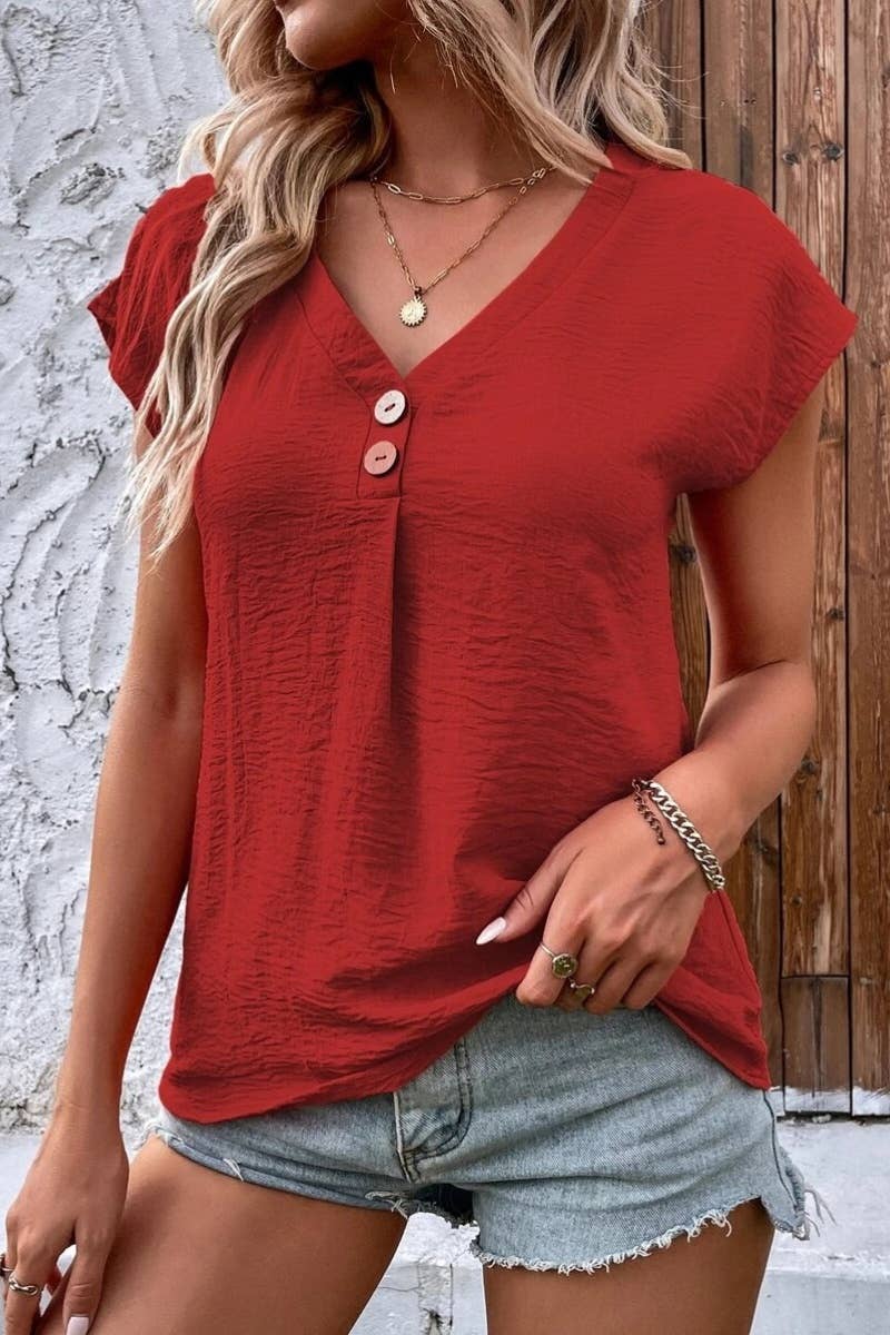 CWTBLS1132_CASUAL V-NECK BUTTON-UP SHORT-SLEEVED TOP