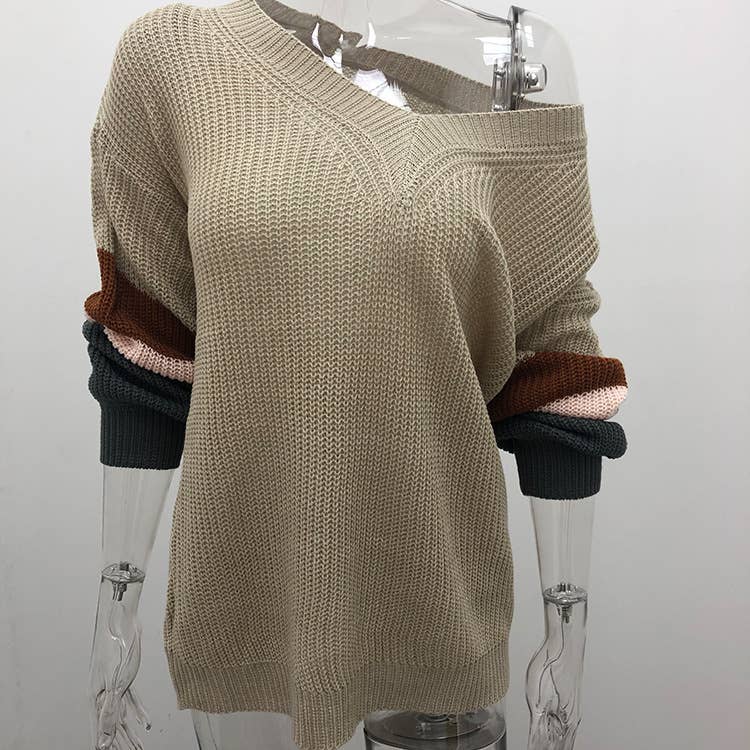 CHICKEN-NECKED LANTERN SLEEVE STRIPED SWEATER