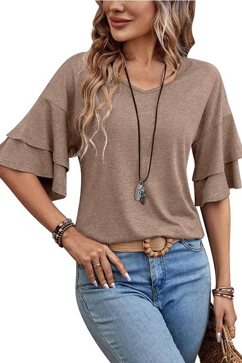 CWTBLS1614_SOLID COLOR V-NECK DOUBLE-LAYER SLEEVE T-SHIRT