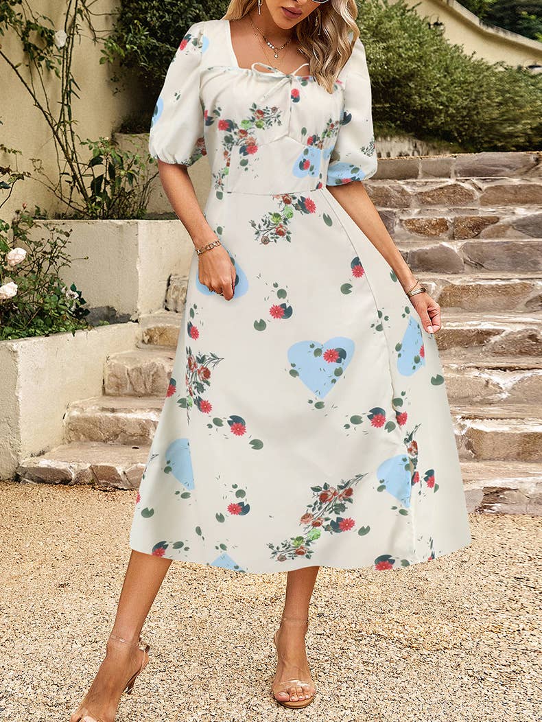 Floral Elegant Lantern Sleeve Dress