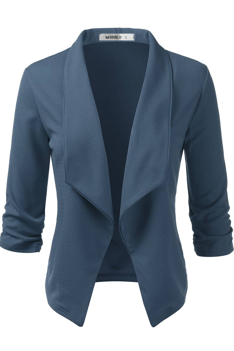 CWOBL091_Casual Work Ruched 3/4 Slv Open Front Blazer Jacket