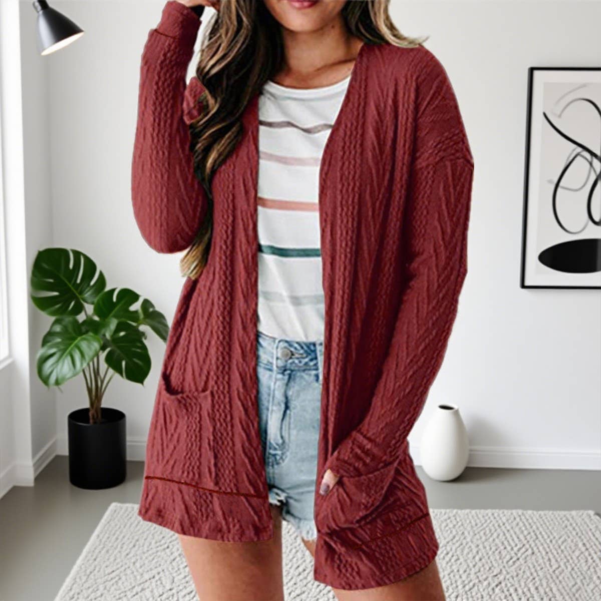 Fashionable loose knitted long-sleeved cardigan