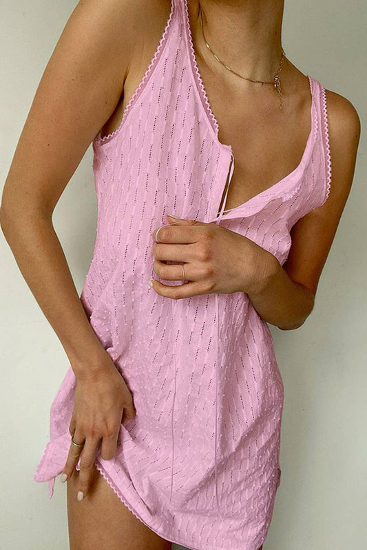 CWDSD1000_V-NECK SUSPENDER LACE HOLLOW SLEEVELESS DRESS