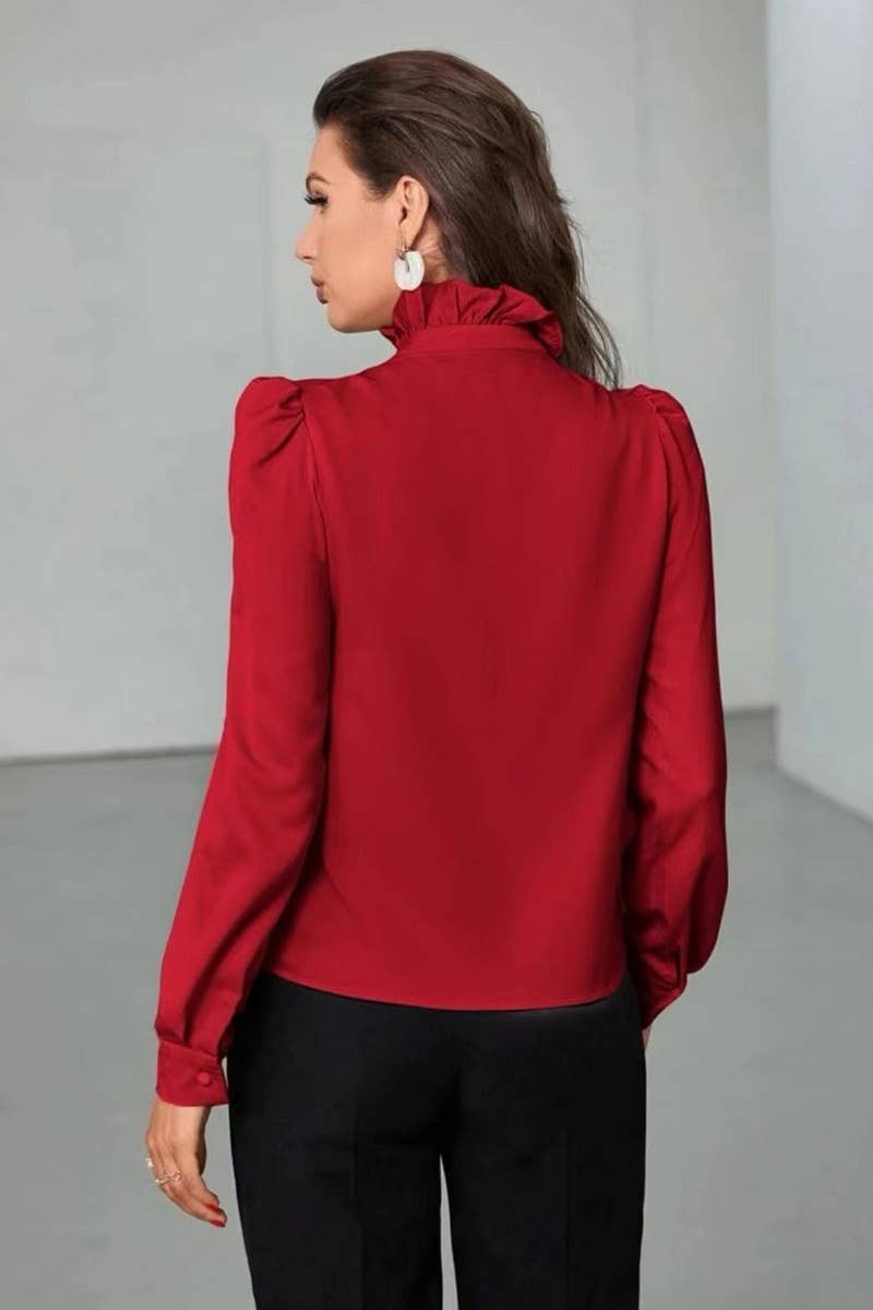 CWTBLS2041_SOLID COLOR RUFFLED LONG SLEEVE BLOUSE