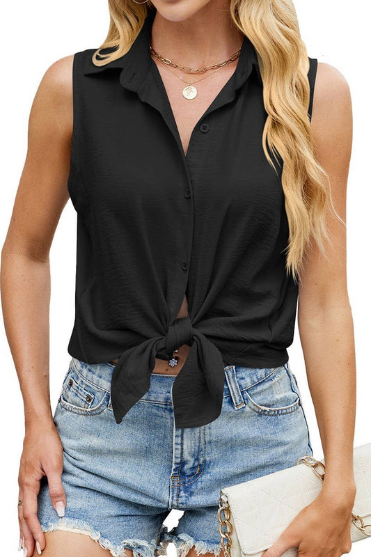 CWTBLSL0970_SLEEVELESS BUTTON FRONT COLLARED CHIFFON BLOUSE