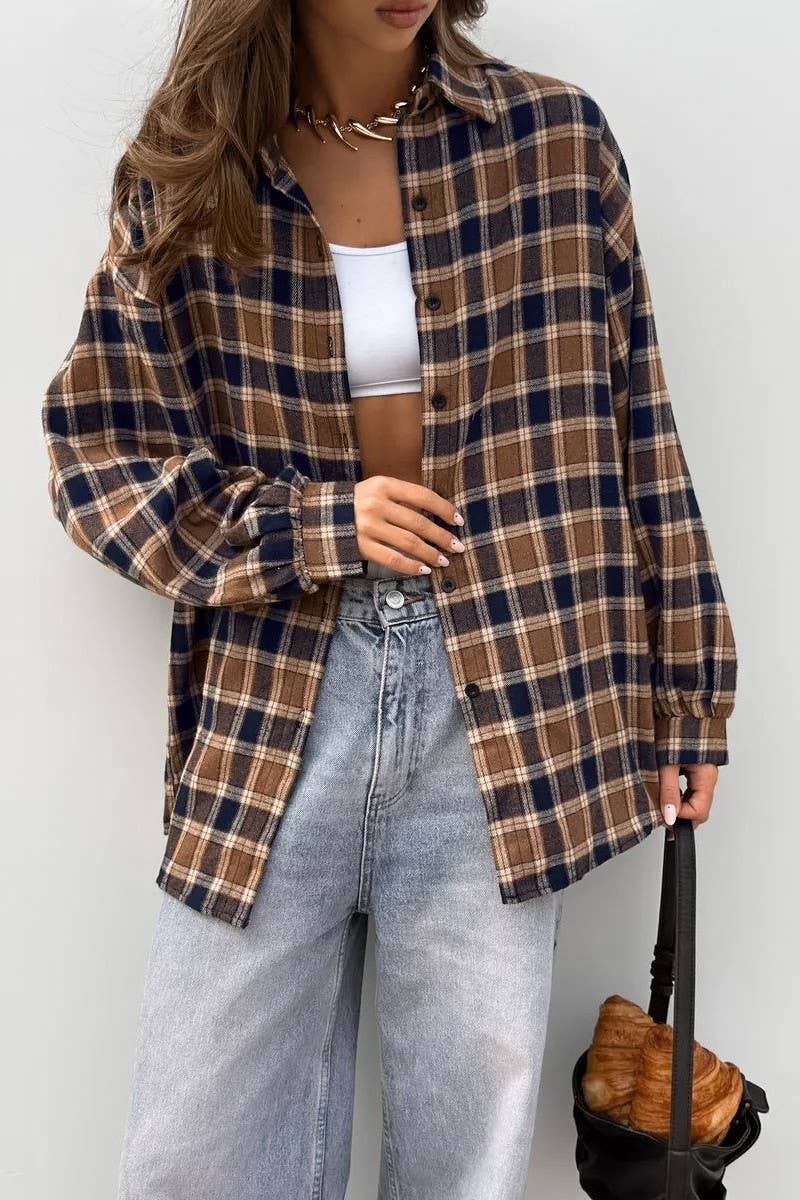 CWTBLL556_PLAID LOOSE CASUAL COMMUTER LONG-SLEEVED SHIRT