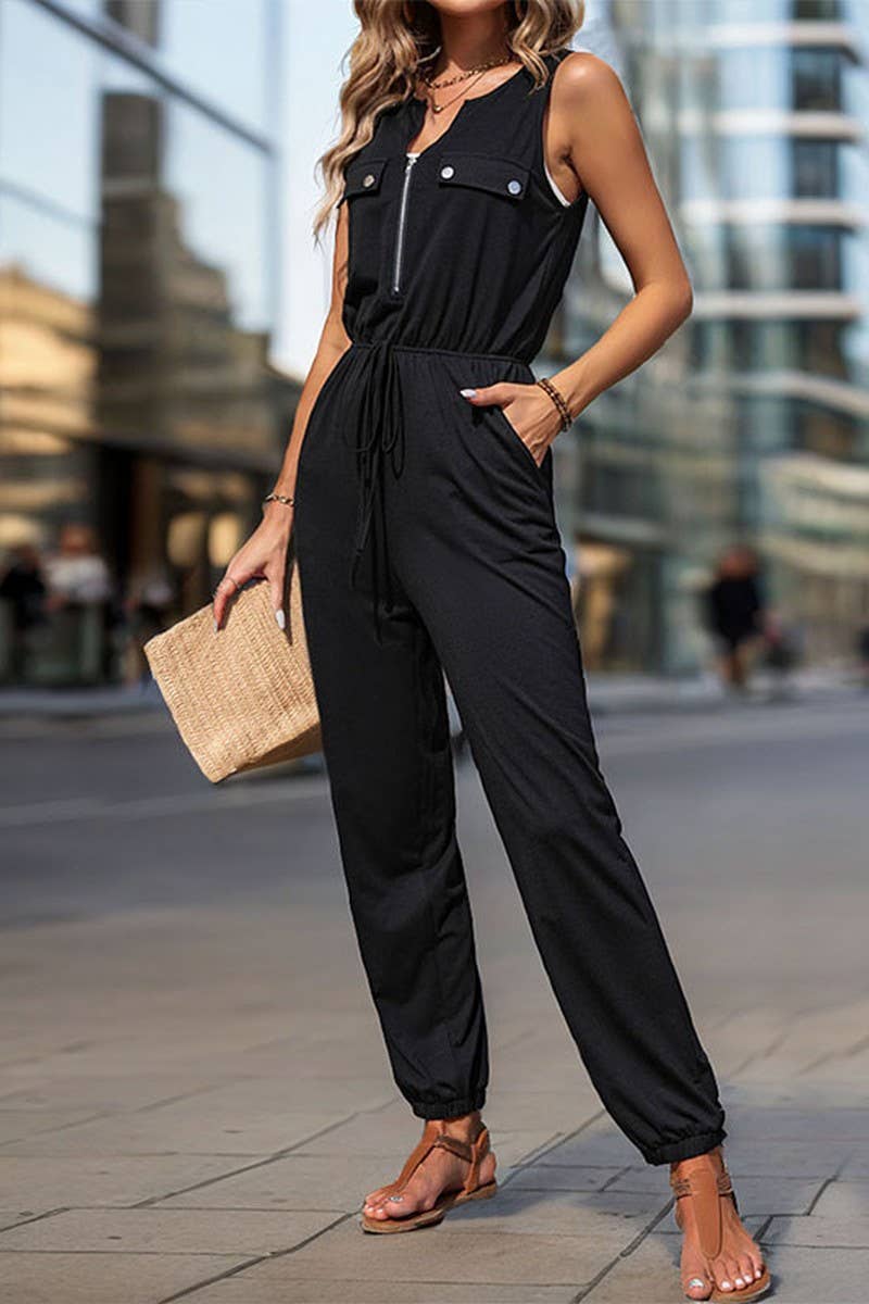CWSJS1676_BLACK SLEEVELESS ZIPPER CREW NECK JUMPSUIT