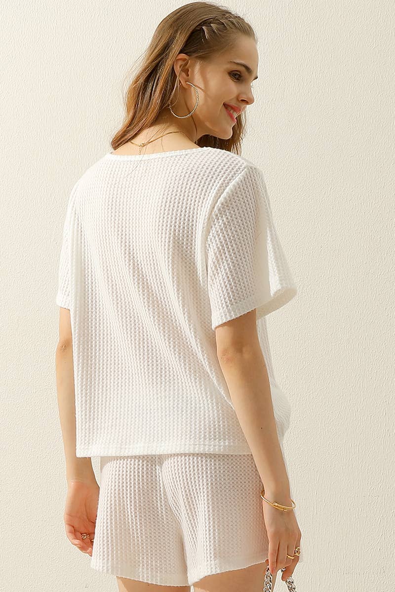 CWSTB274_SOLID WAFFLE KNIT TEE TOP & DRAWSTRING WAIST SHORTS