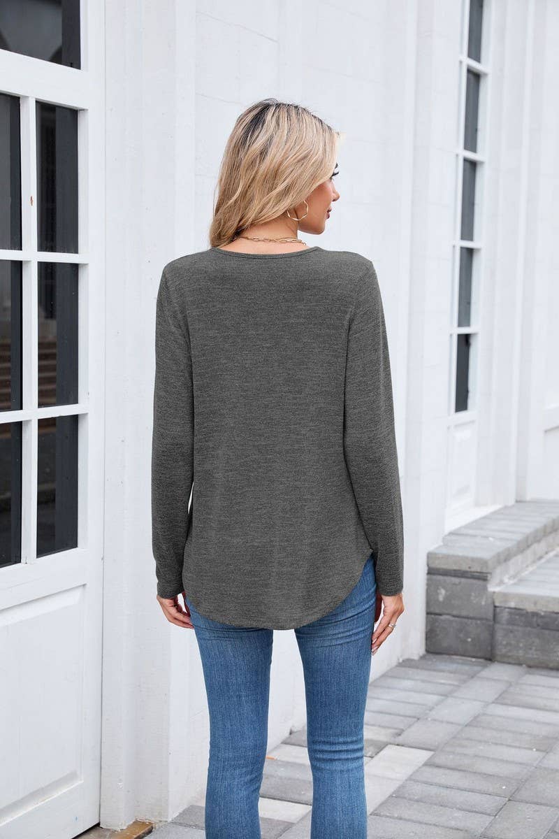 CWTBLL01303_V NECK RUCHED LONG SLEEVE CASUAL LOOSE TEE