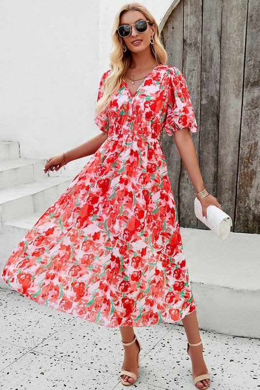 CWDMD0995_Deep V-Neck Short Sleeve Floral Print Midi Dresses