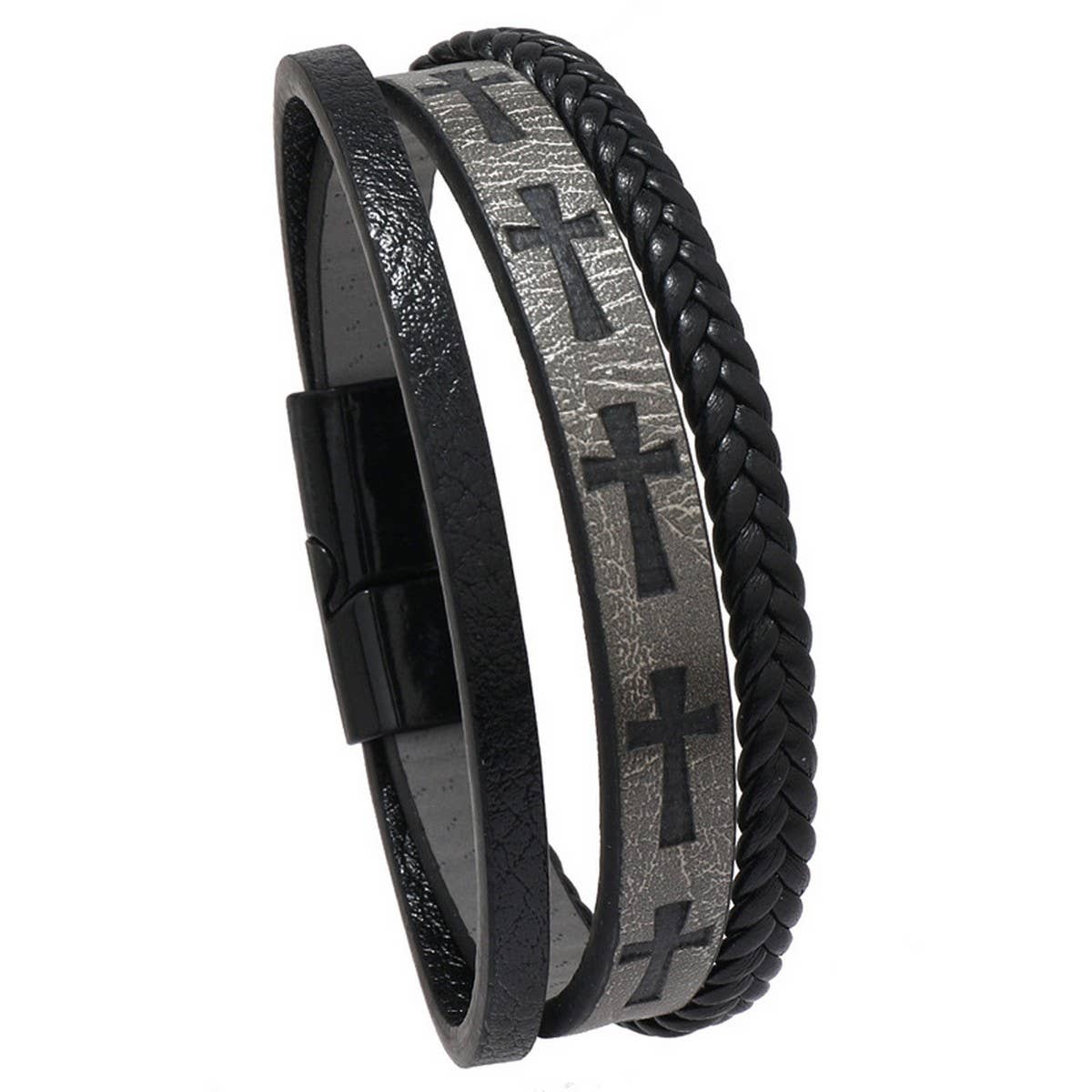 MULTI-LAYER HAND-WOVEN PU LEATHER CROSS BRACELET