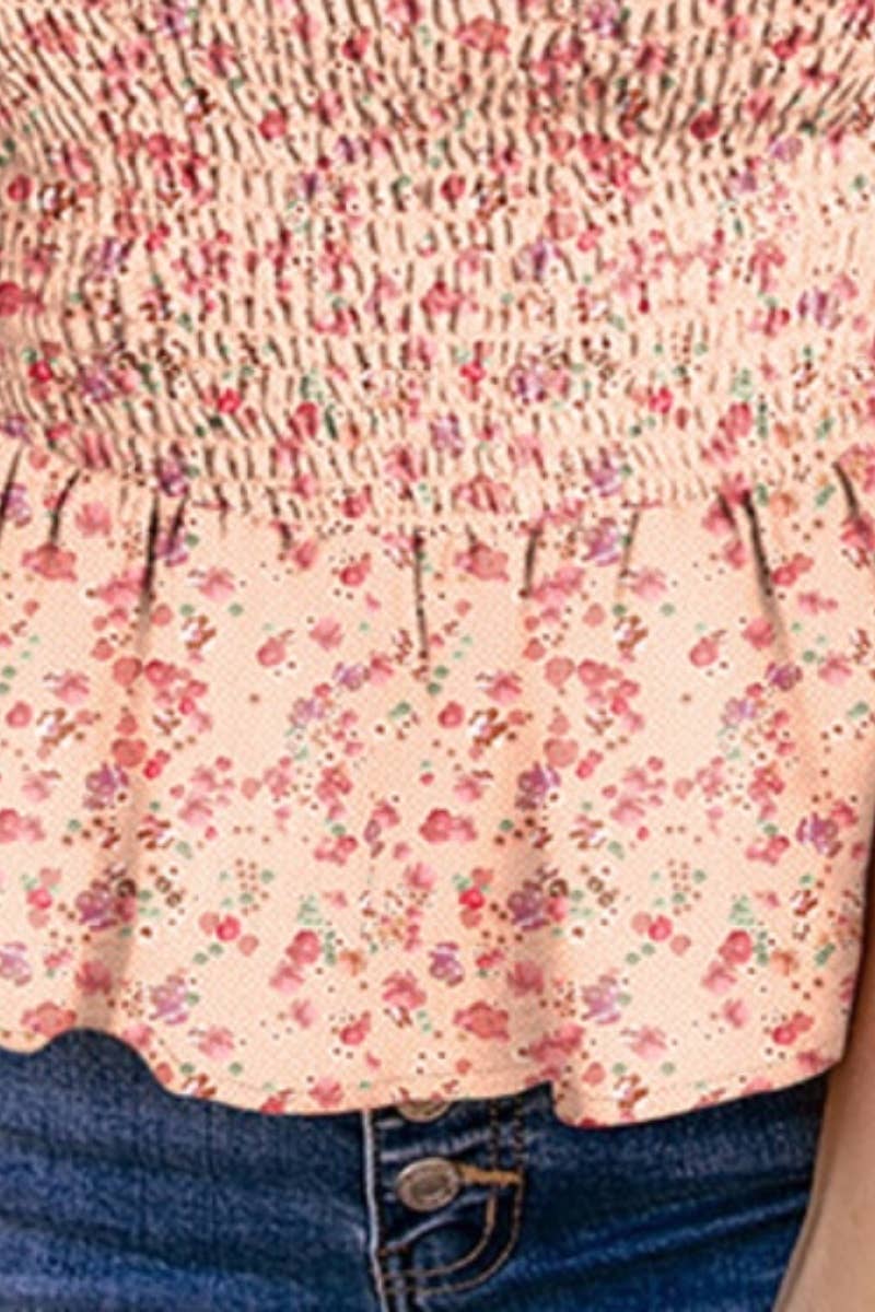 CWOV0419_FLORAL SLEEVELESS PLEATED SLIM-FIT HALTER TOP