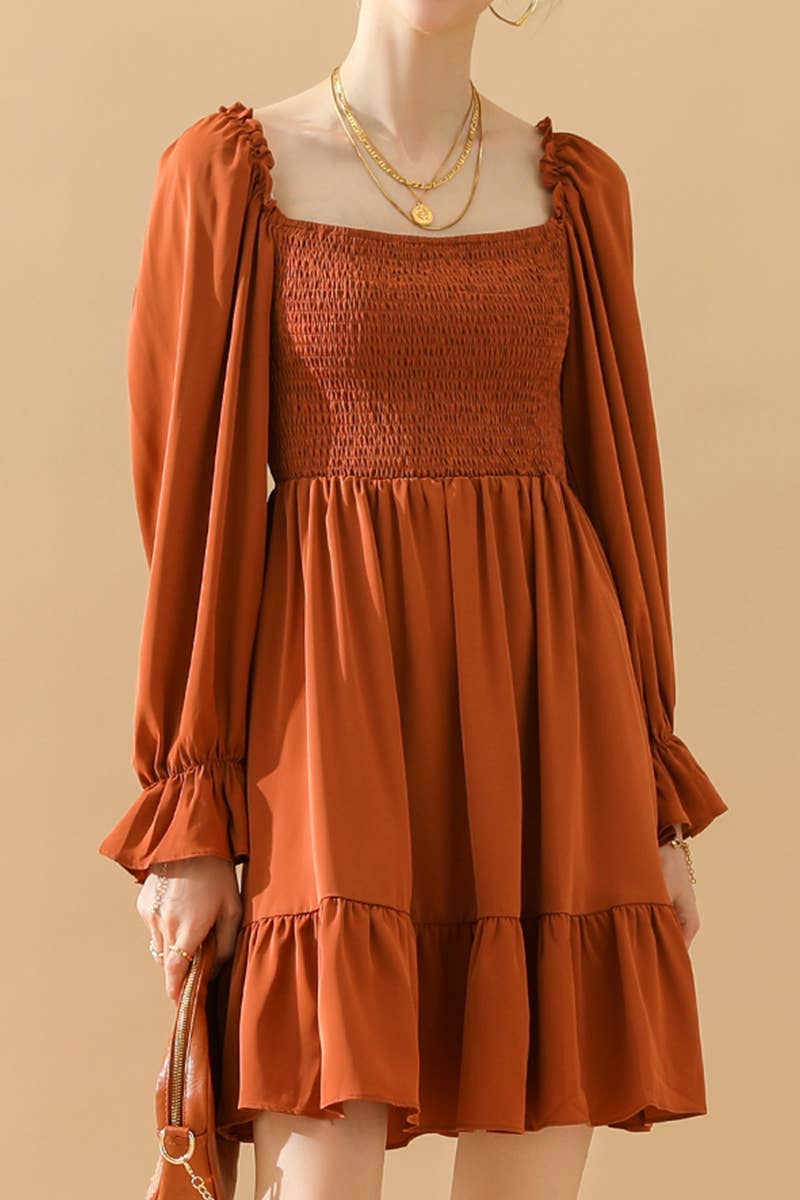 CWDSD10342_RUFFLE HIGH WAIST LONG SLEEVE CASUAL DRESS