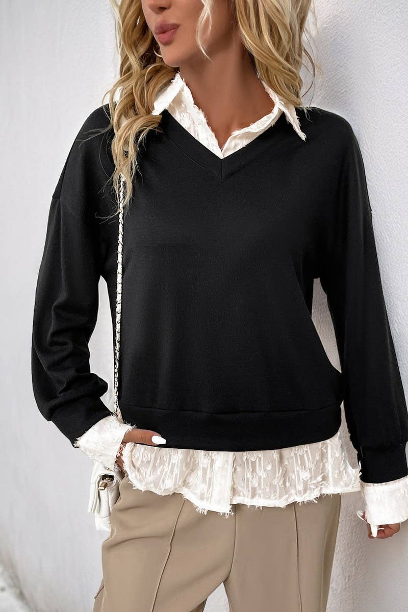 CWTBLL3738_CASUAL LAPEL STITCHING FAKE TWO-PIECE SWEATSHIRT