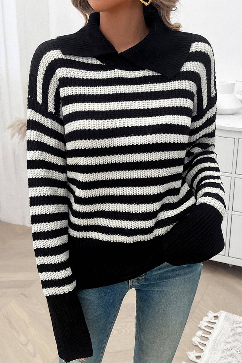 CWOSWL6817_CASUAL LOOSE LAPEL STRIPED LONG SLEEVE SWEATER
