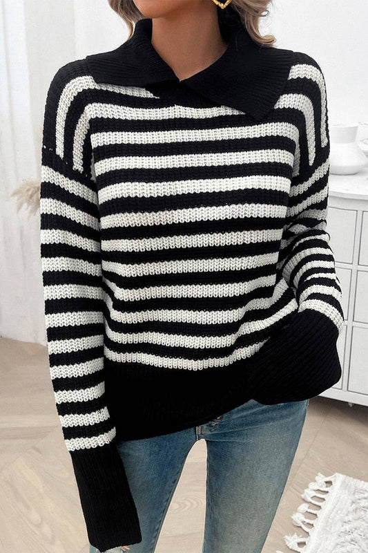 CWOSWL6817_CASUAL LOOSE LAPEL STRIPED LONG SLEEVE SWEATER