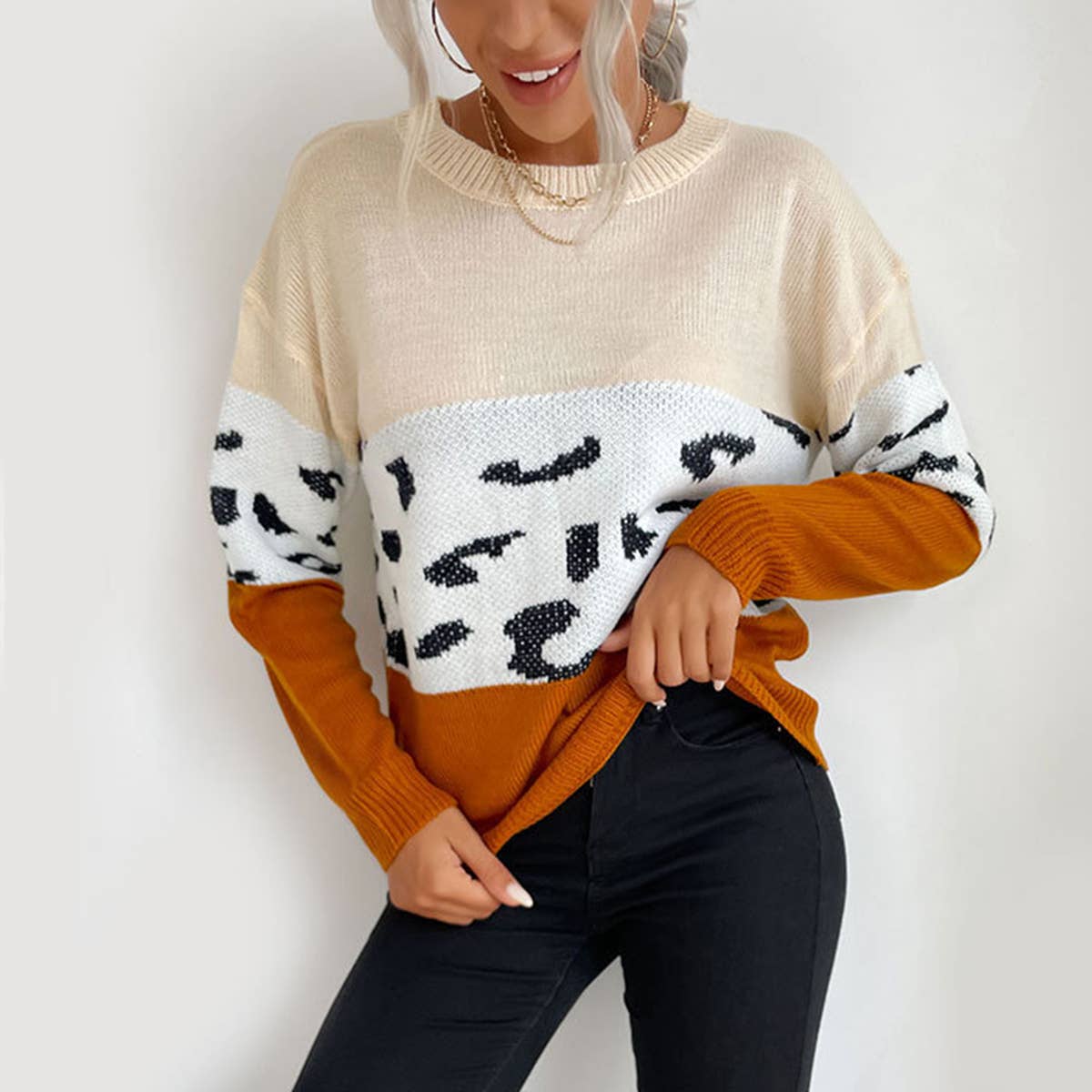 CASUAL COLOR MATCHING LONG-SLEEVED BASE SWEATER