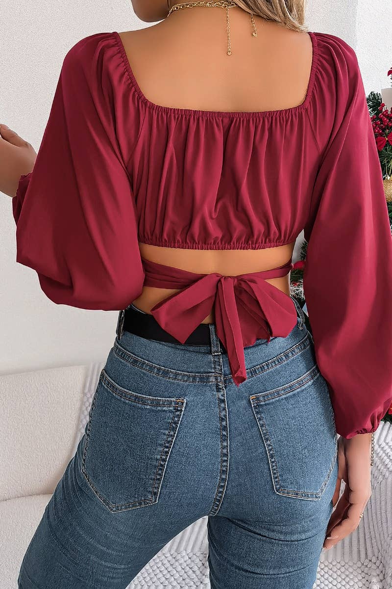CWTBLL0940_SUMMER LANTERN SLEEVE CHIFFON WAIST CROP TOP
