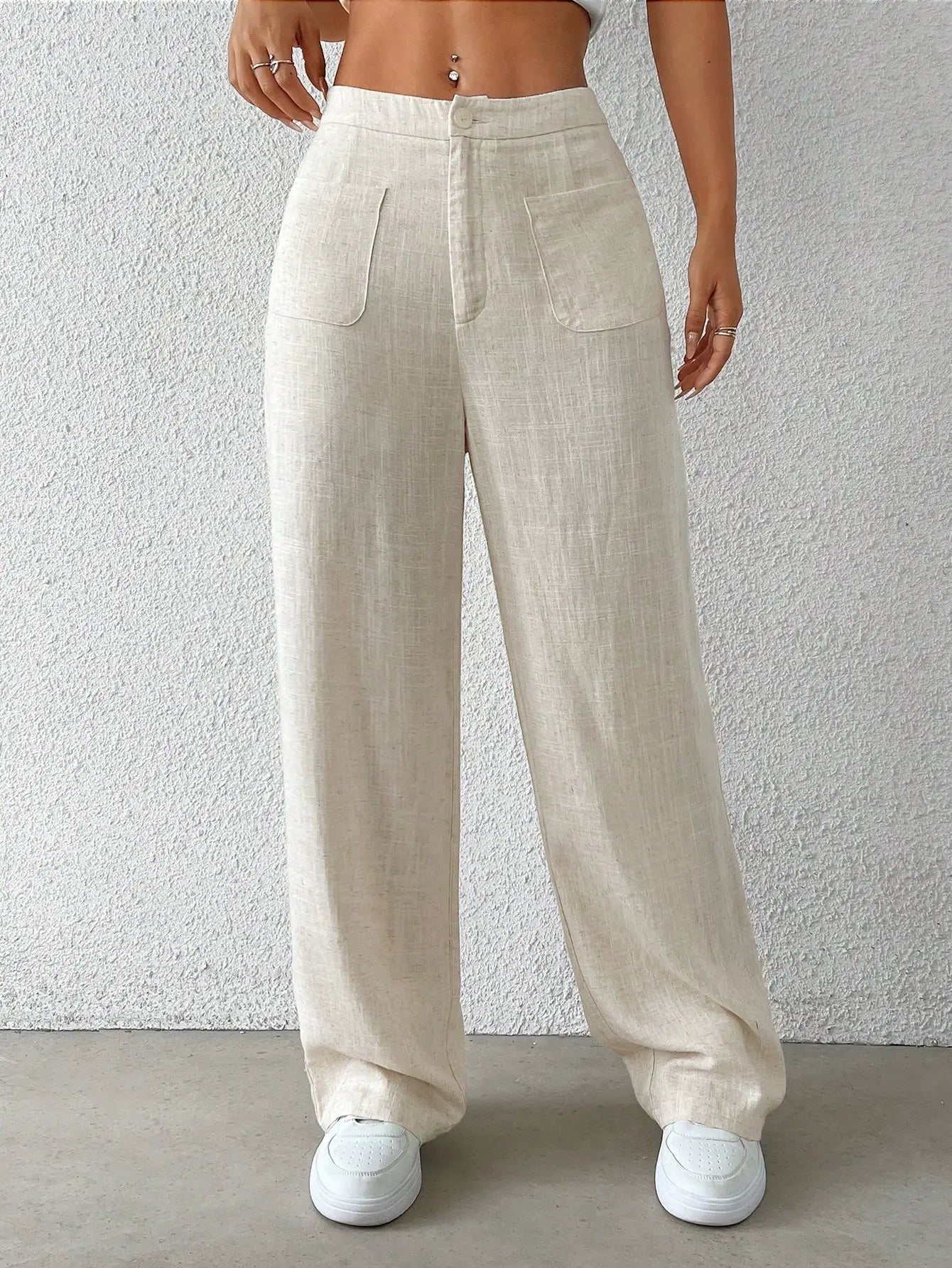 COTTON LINEN SOLID COLOR STRAIGHT LEG PANTS