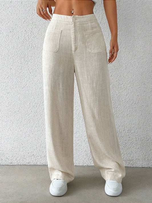 COTTON LINEN SOLID COLOR STRAIGHT LEG PANTS