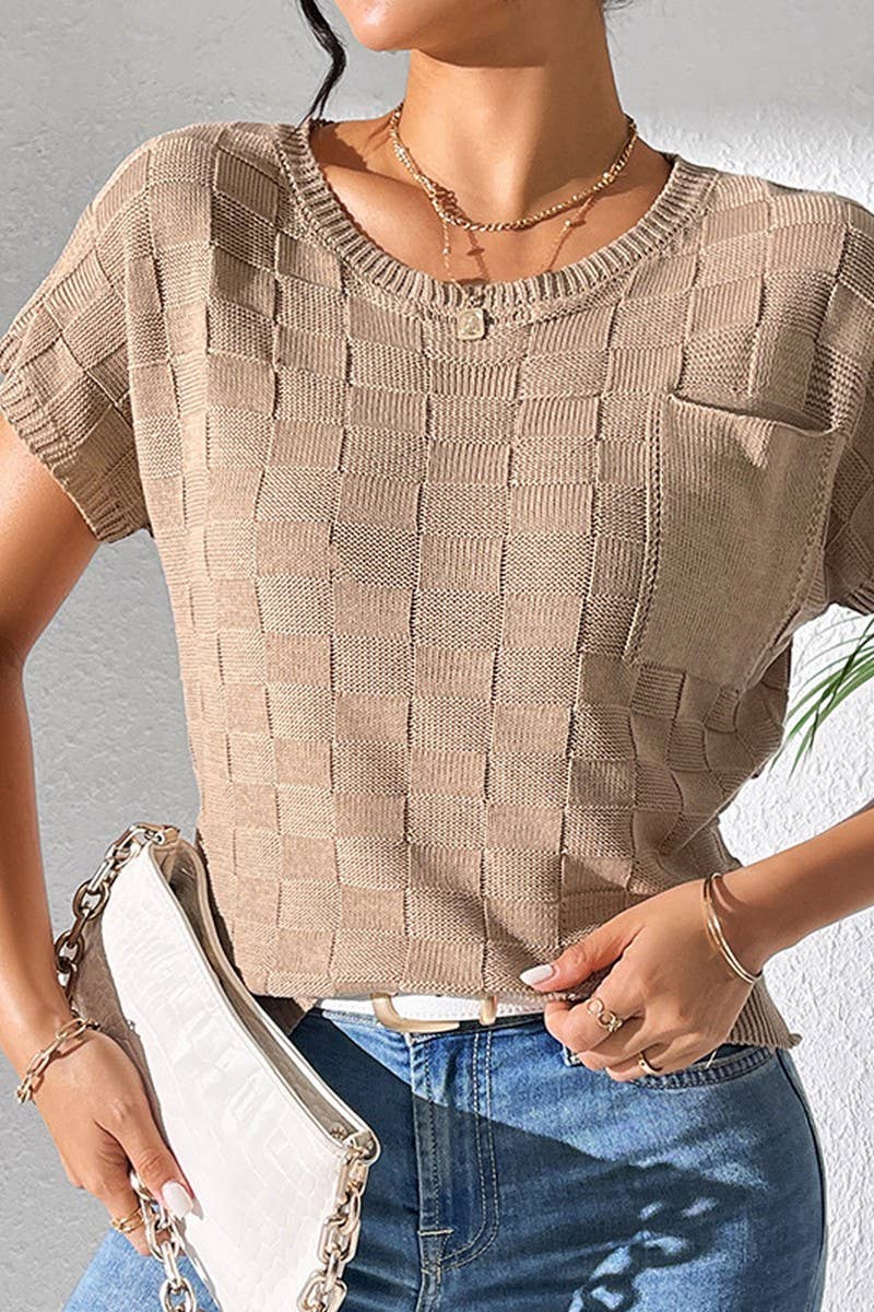 CWOSWS0086_SOLID COLOR LOOSE KNIT SHORT-SLEEVED TOP